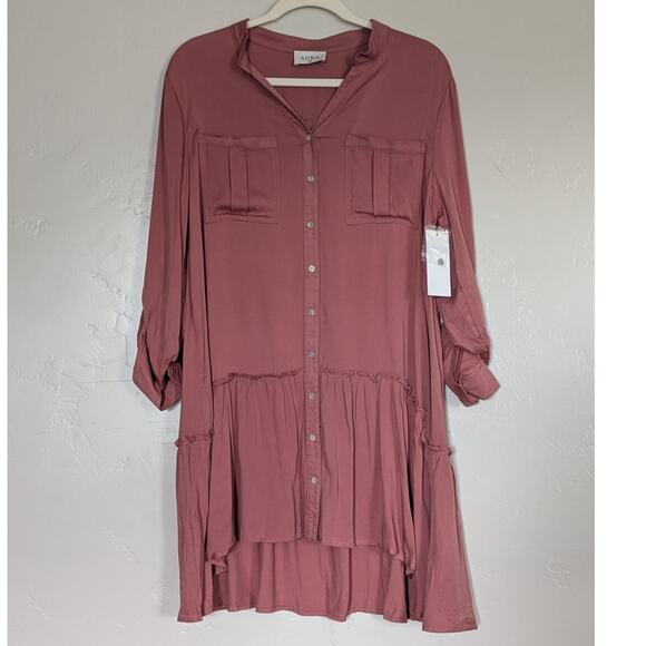 Aura Dress Womens Medium Dusty Rose Pink High Low‎ Tiered Button Down Pockets - Picture 1 of 8